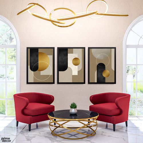 Gold Circle Geometric Abstract Triptych Framed Wall Art Set of 3 displayed in luxury living room