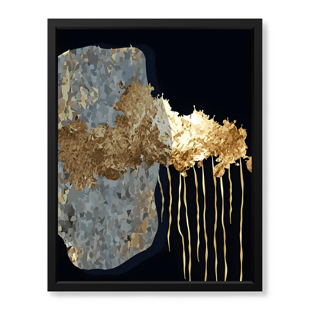 Gold Drip Abstract Framed Canvas Wall Art with gold foil drip effect on dark background