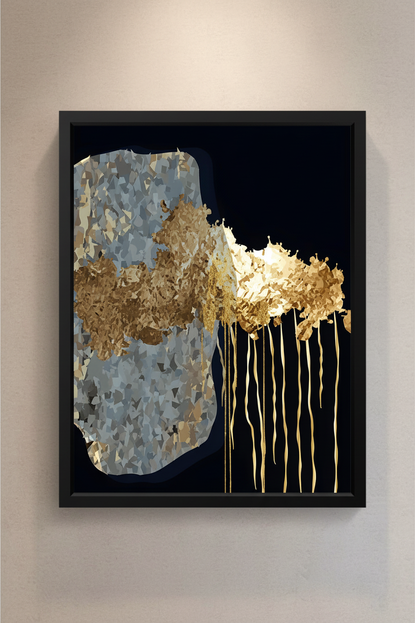 Gold Drip Abstract Framed Canvas Wall Art - Top-Down Perspective