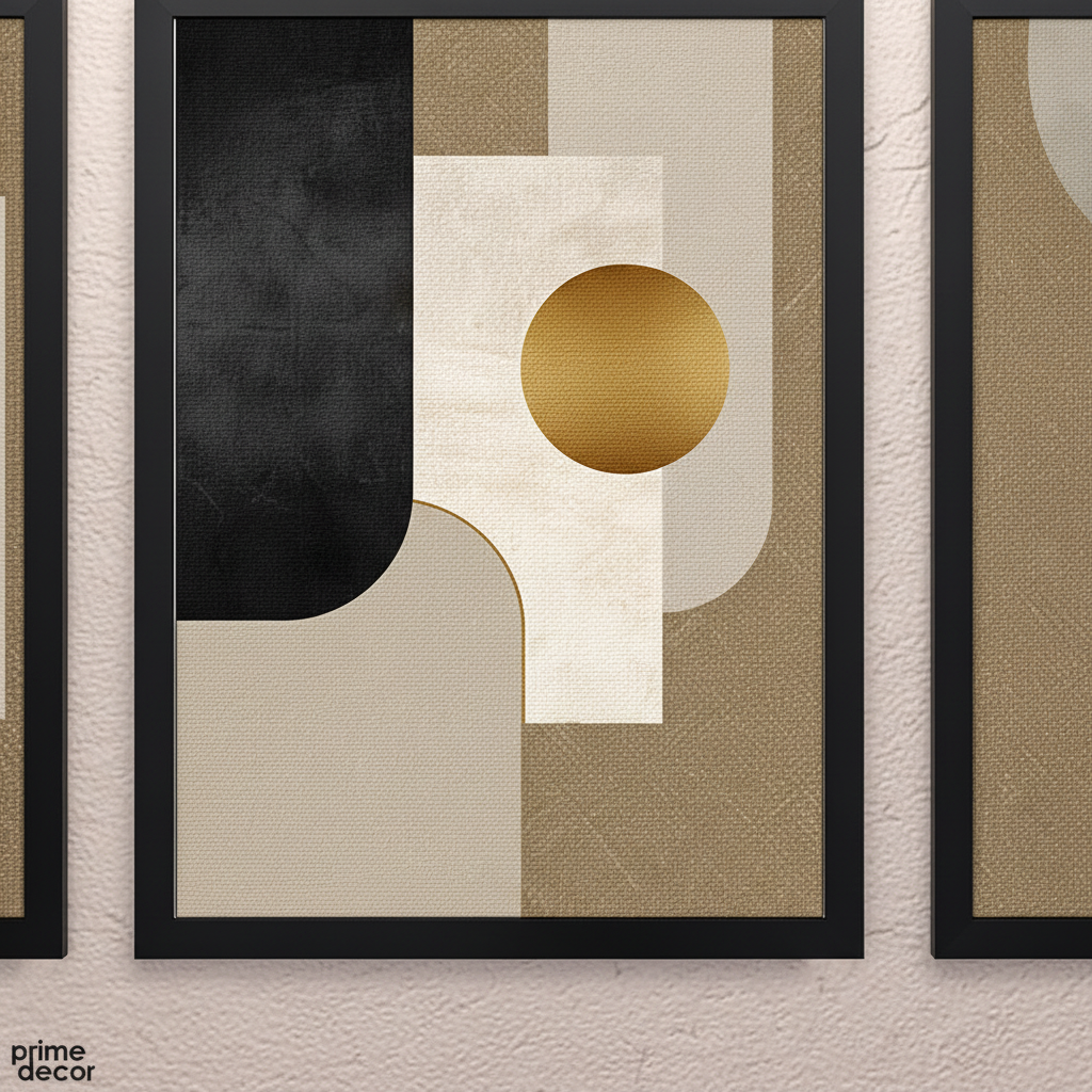 Close-up detail of Gold Circle Geometric Abstract Triptych showing canvas texture and black frame