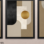 Close-up detail of Gold Circle Geometric Abstract Triptych showing canvas texture and black frame