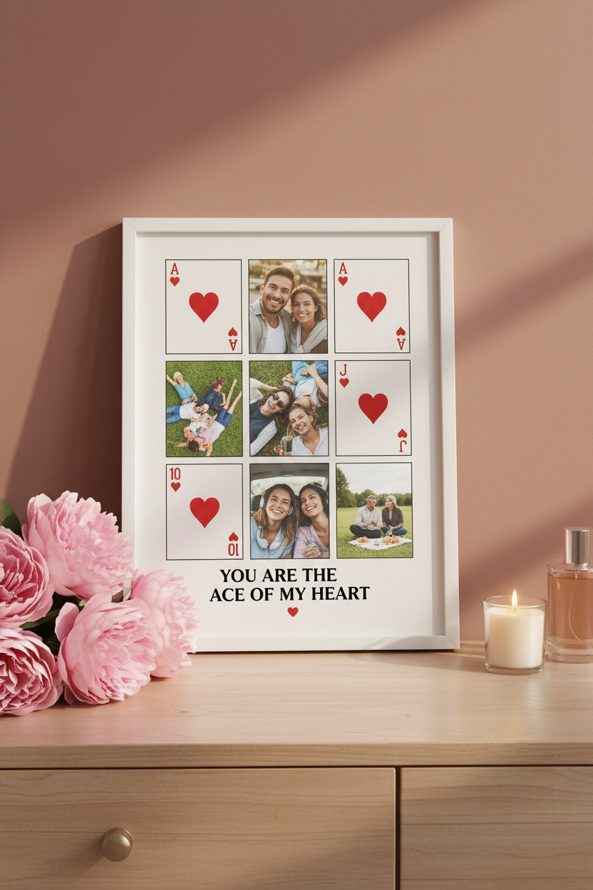Personalized playing card photo collage framed print displayed as romantic gift with candles and flowers