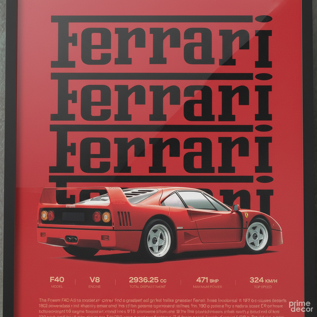 Close-up detail of Ferrari F40 typography poster showing car specs and premium print quality