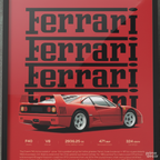 Close-up detail of Ferrari F40 typography poster showing car specs and premium print quality