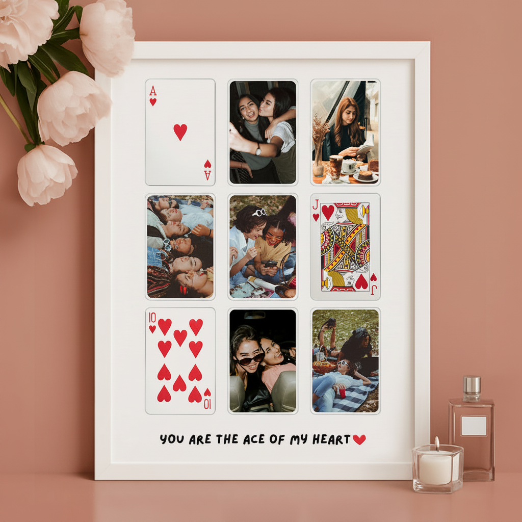 Close-up detail of You Are the Ace of My Heart personalized photo collage print showing playing card design