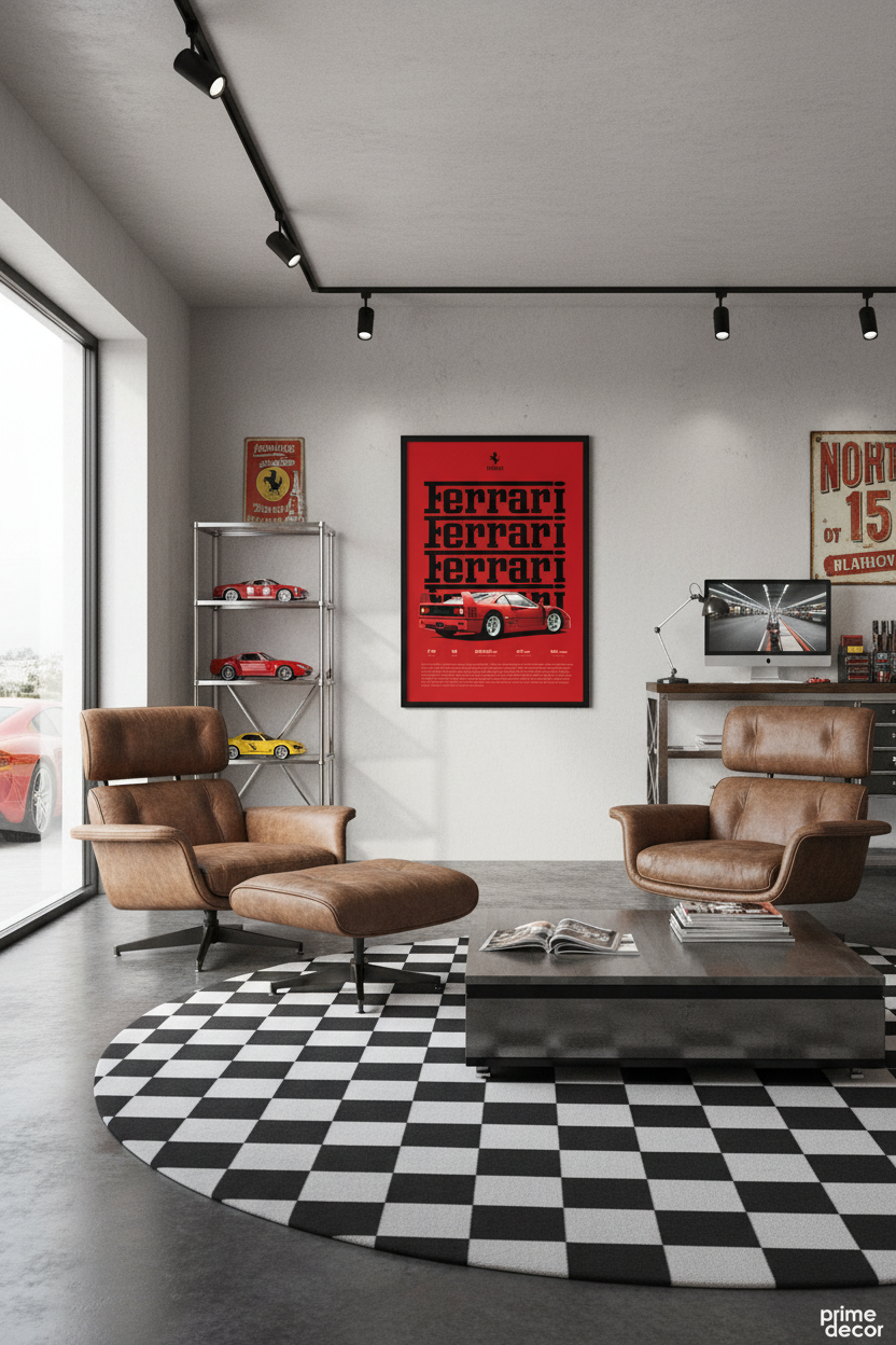 Ferrari F40 framed poster print displayed in modern man cave room lifestyle shot