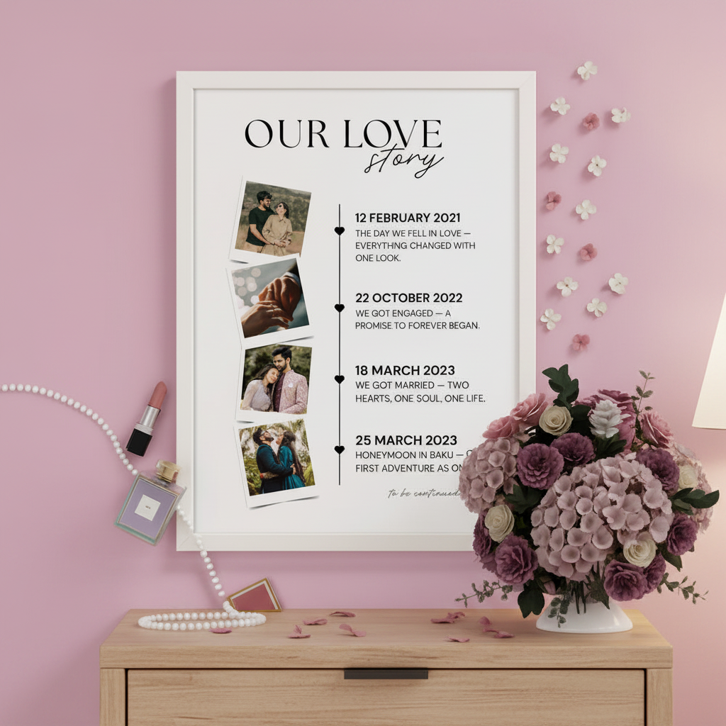 Our Love Story framed print displayed on bedroom nightstand as romantic gift
