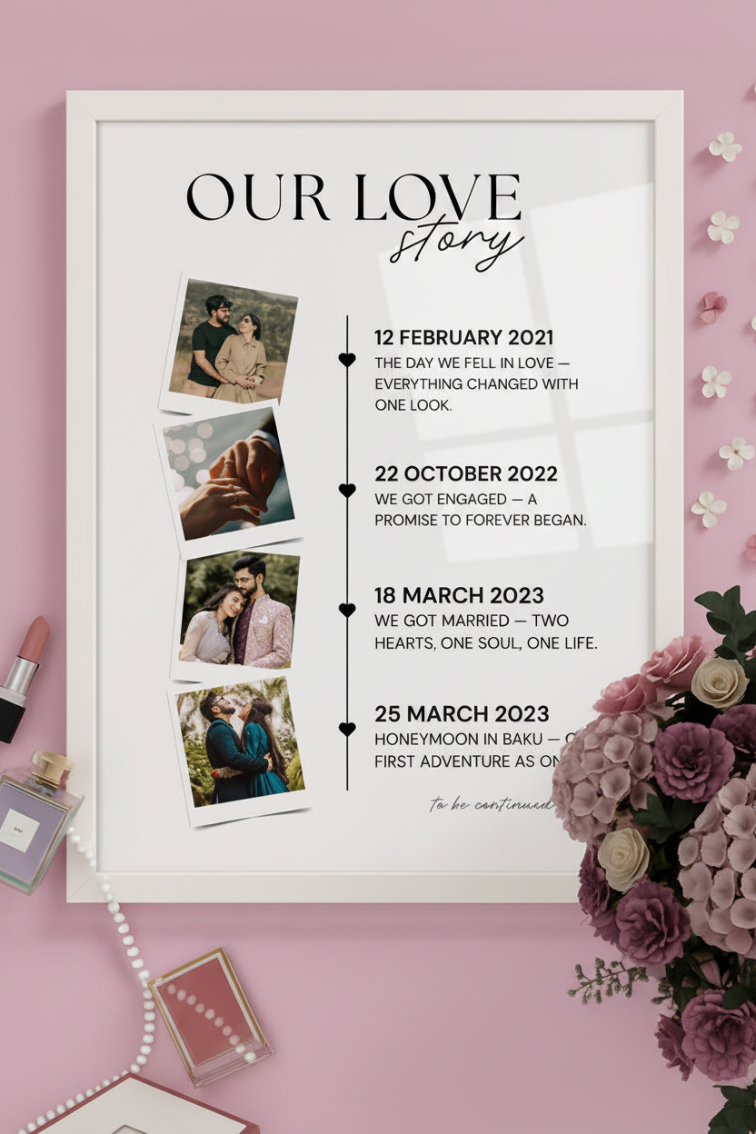Close-up detail of Our Love Story personalized timeline print showing Polaroid photos and typography