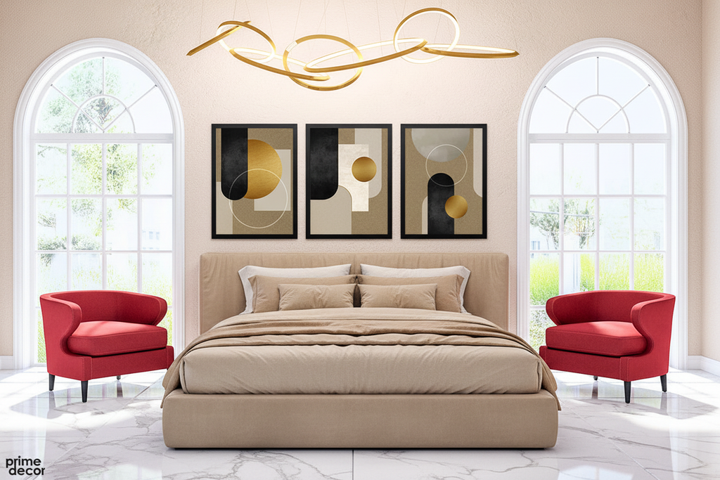 Gold Circle Geometric Abstract Triptych Wall Art Set displayed above bed in modern minimalist bedroom