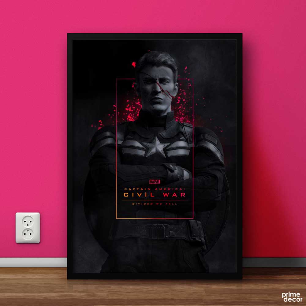 Captain America Civil War Divided We Fall Marvel Framed Poster Print with dark dramatic design